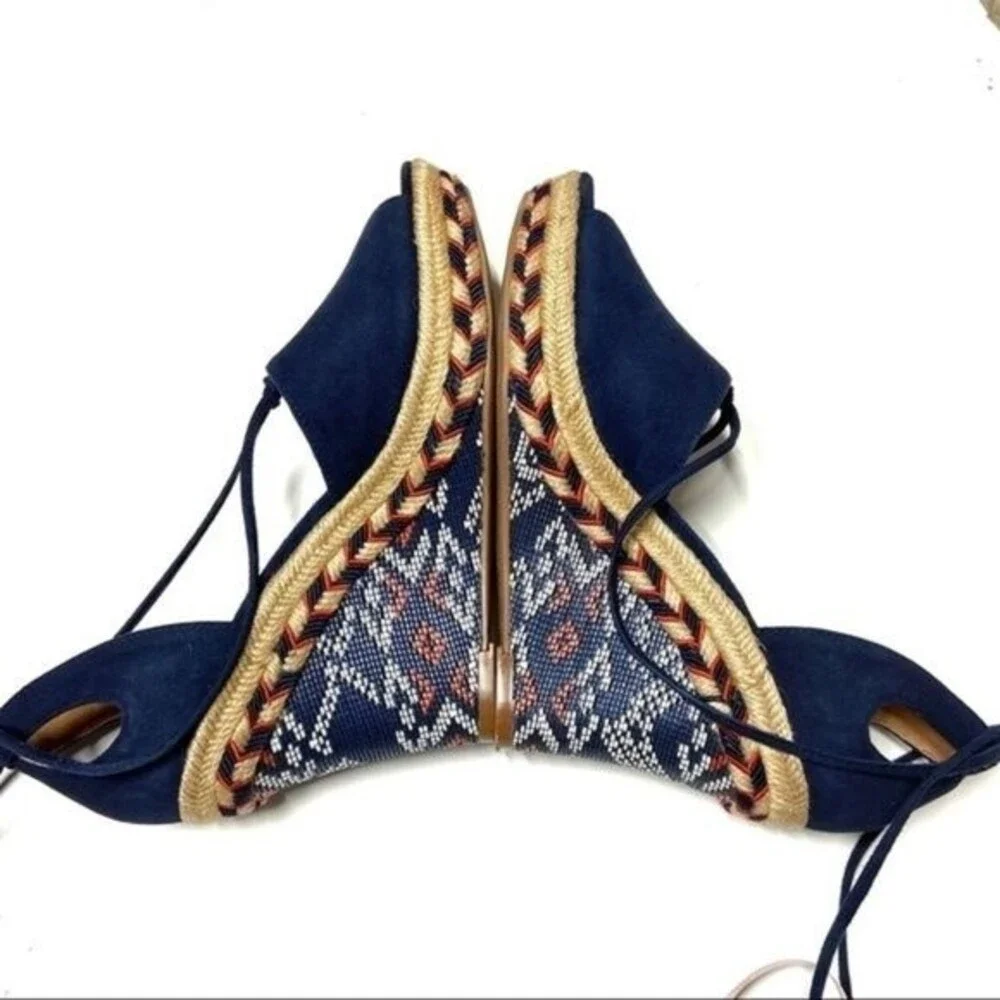 Cabi Isla Wedges Espadrille Sandal Blue Suede  6M